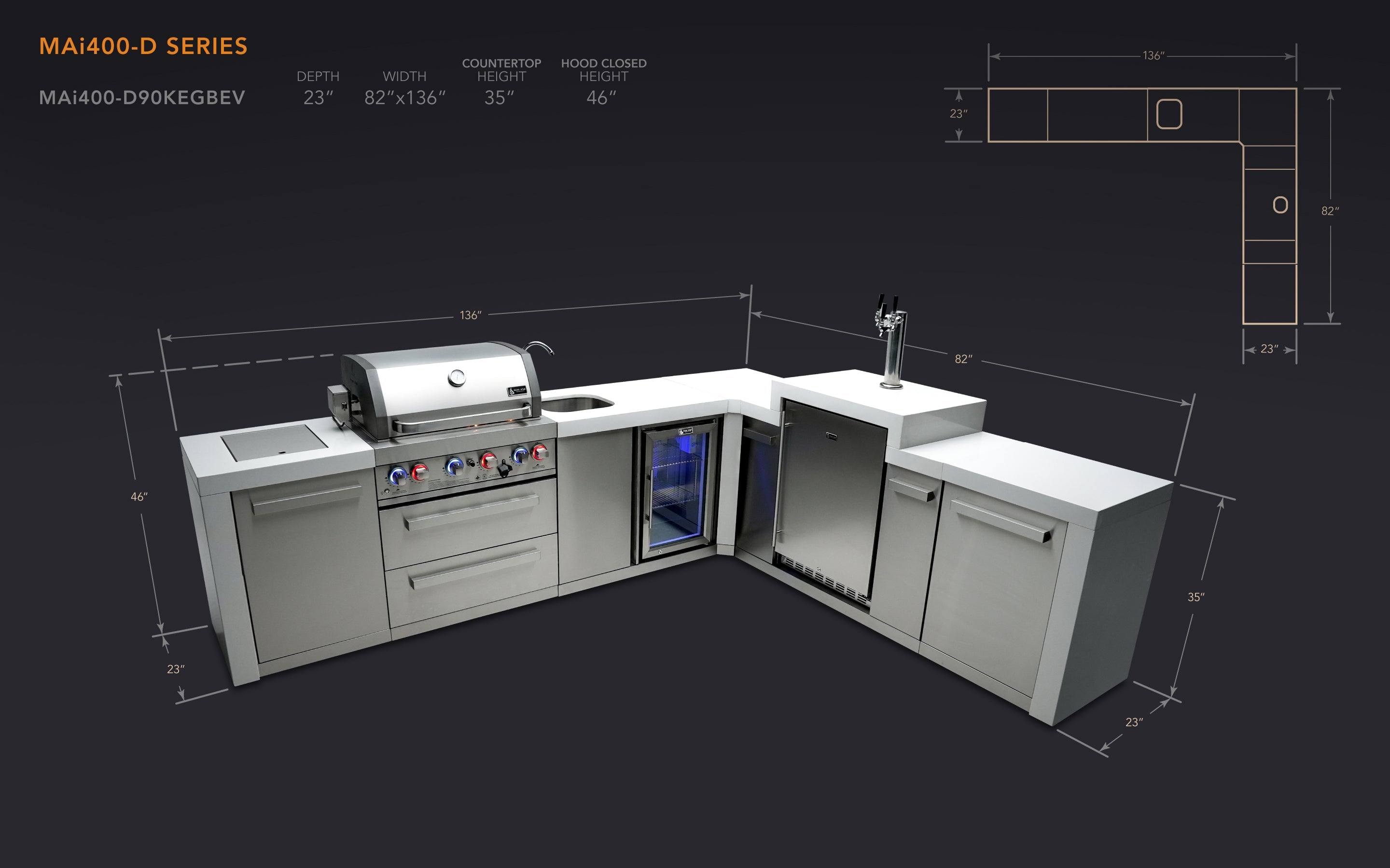 Mont Alpi 400 Deluxe Island with a 90 Degree Corner, Kegerator and Beverage Center - Wheatland Fireplace