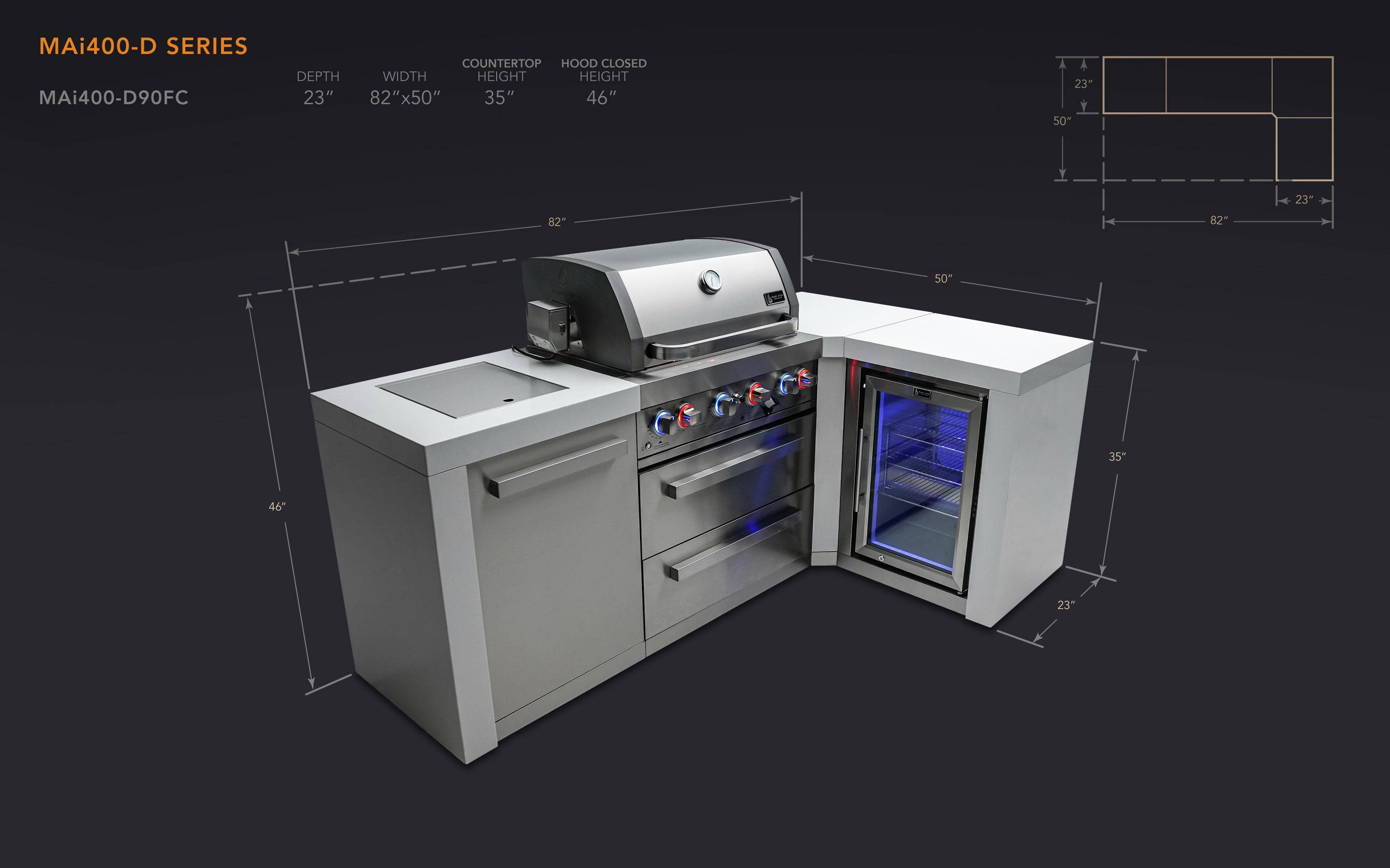 Mont Alpi 400 Deluxe Island with a 90 Degree Corner and a Fridge Cabinet - Wheatland Fireplace
