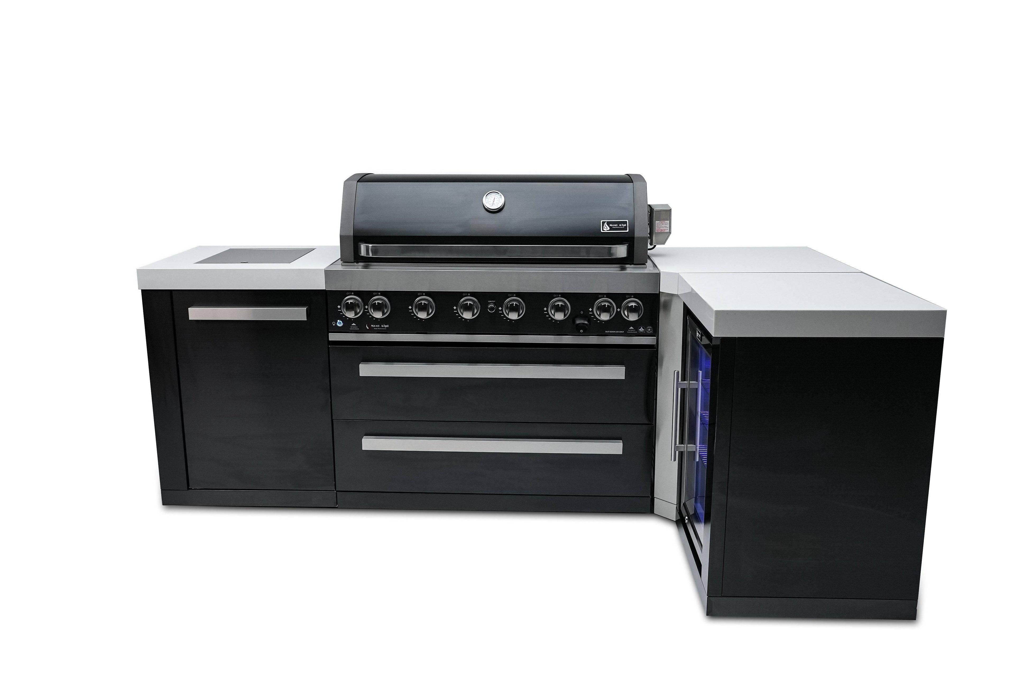 Mont Alpi 805 Black Stainless Steel Island with a 90 Degree Corner and a Fridge Cabinet - Wheatland Fireplace
