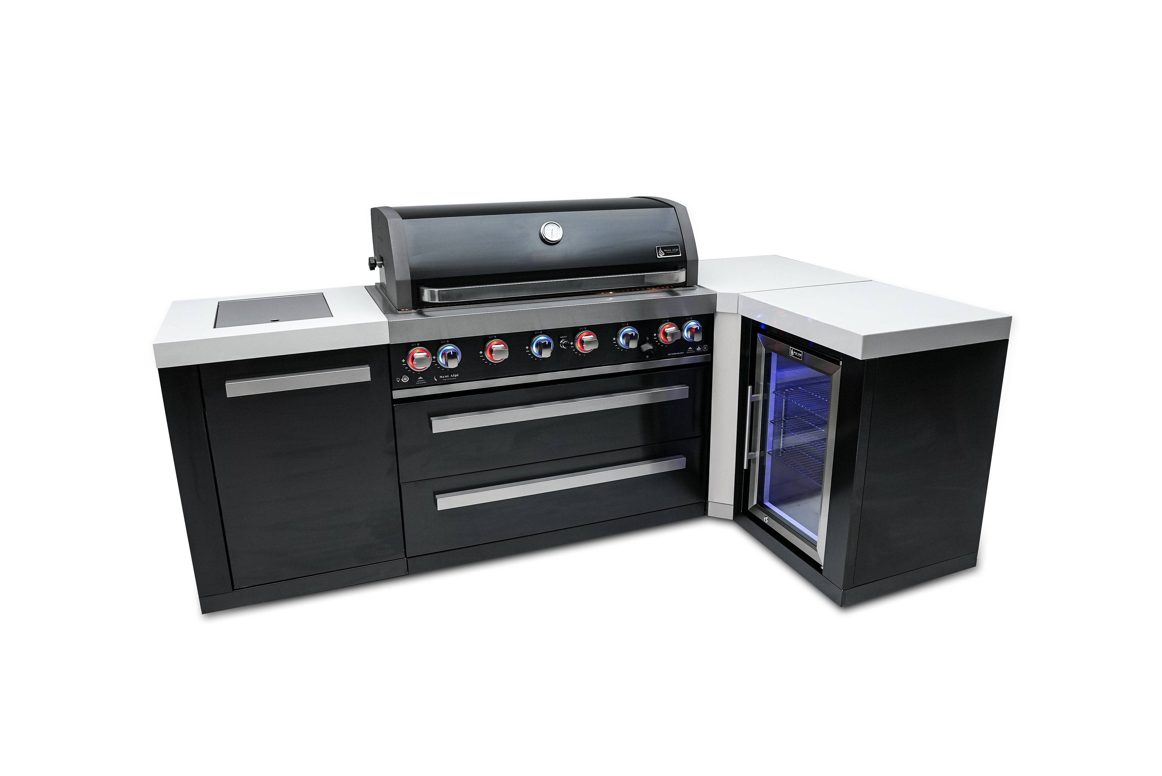 Mont Alpi 805 Black Stainless Steel Island with a 90 Degree Corner and a Fridge Cabinet - Wheatland Fireplace