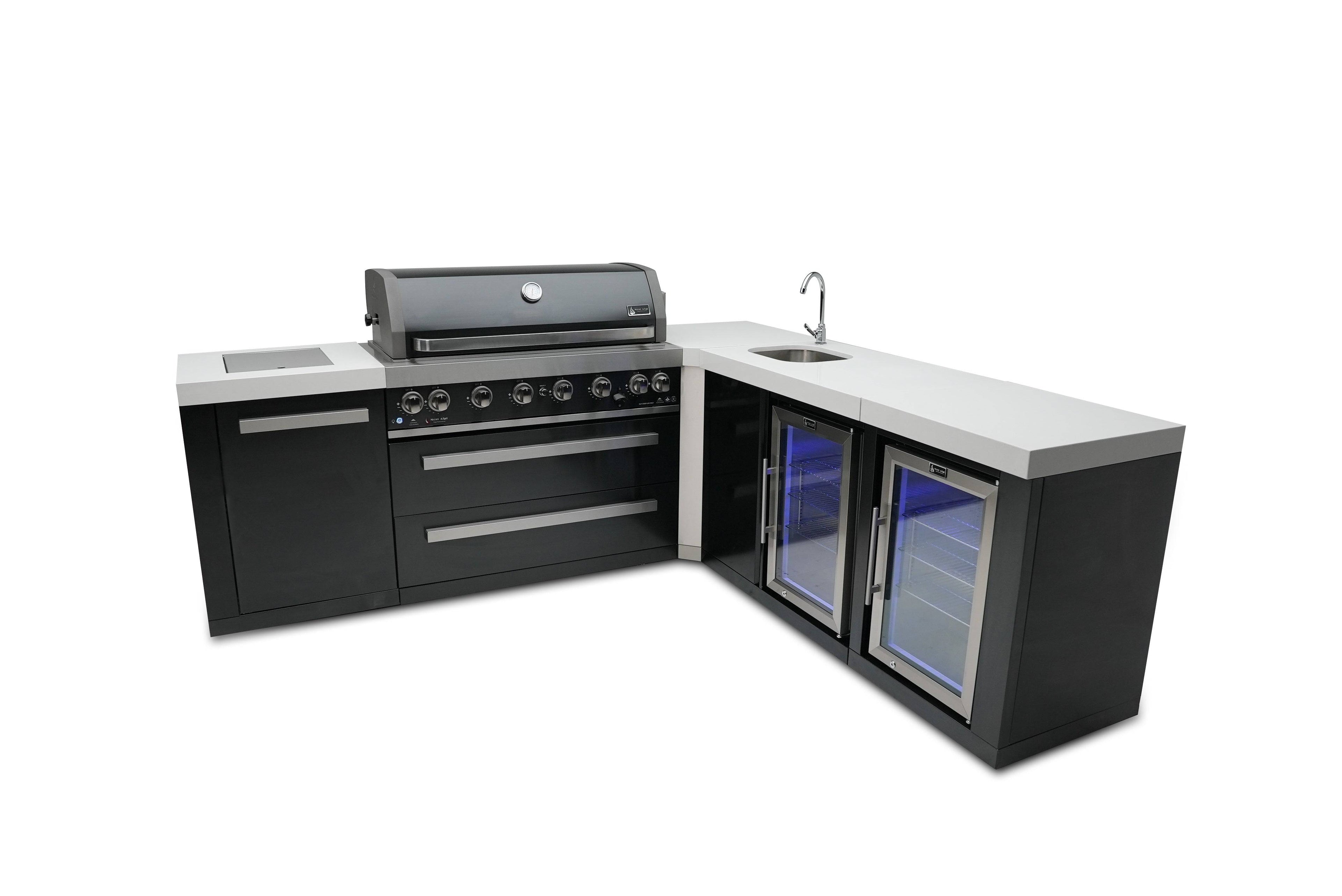 Mont Alpi 805 Black Stainless Steel Island with a 90 Degree Corner, Beverage center and Fridge Cabinet - Wheatland Fireplace