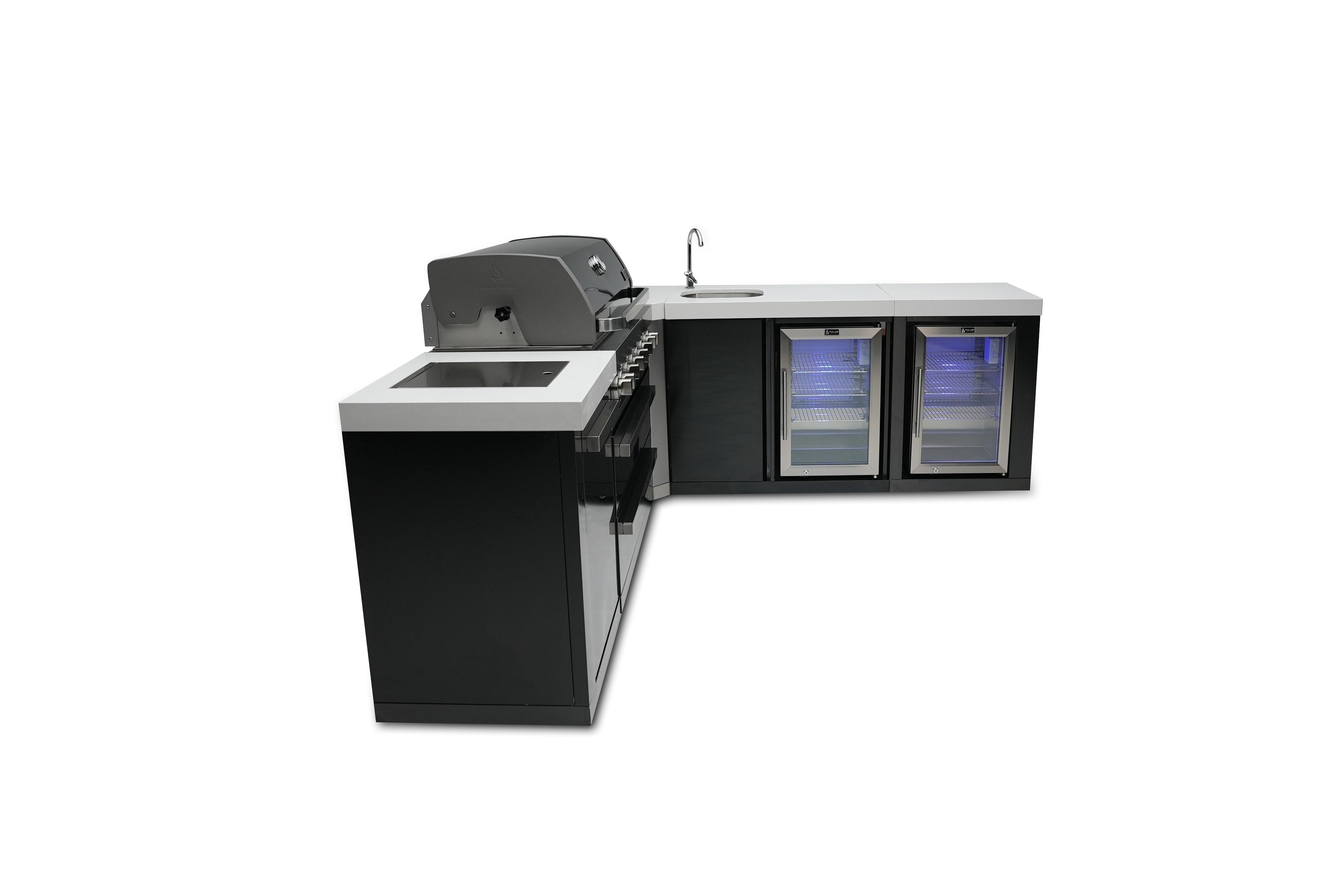 Mont Alpi 805 Black Stainless Steel Island with a 90 Degree Corner, Beverage center and Fridge Cabinet - Wheatland Fireplace