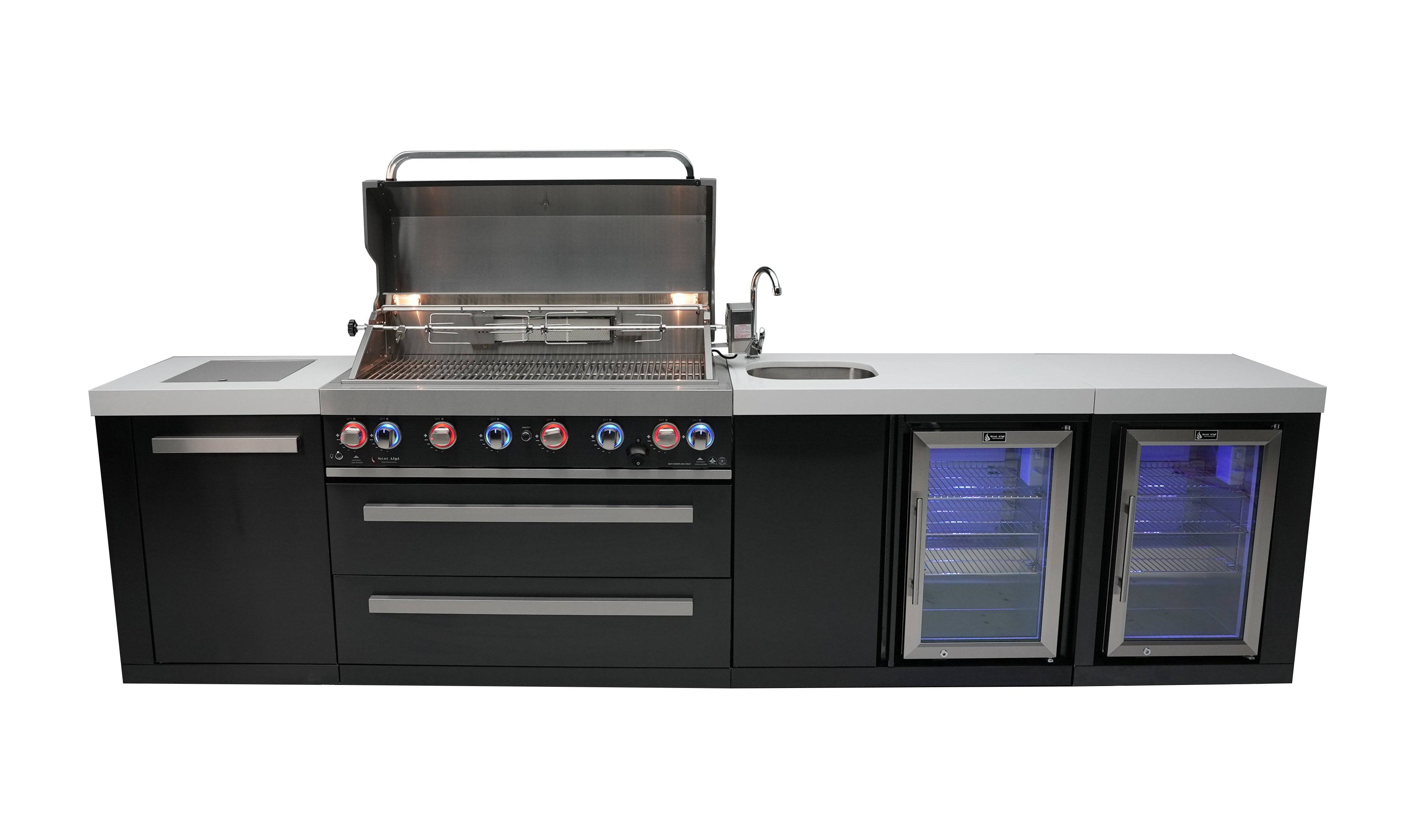 Mont Alpi 805 Black Stainless Steel Island with a Beverage Center and Fridge Cabinet - Wheatland Fireplace