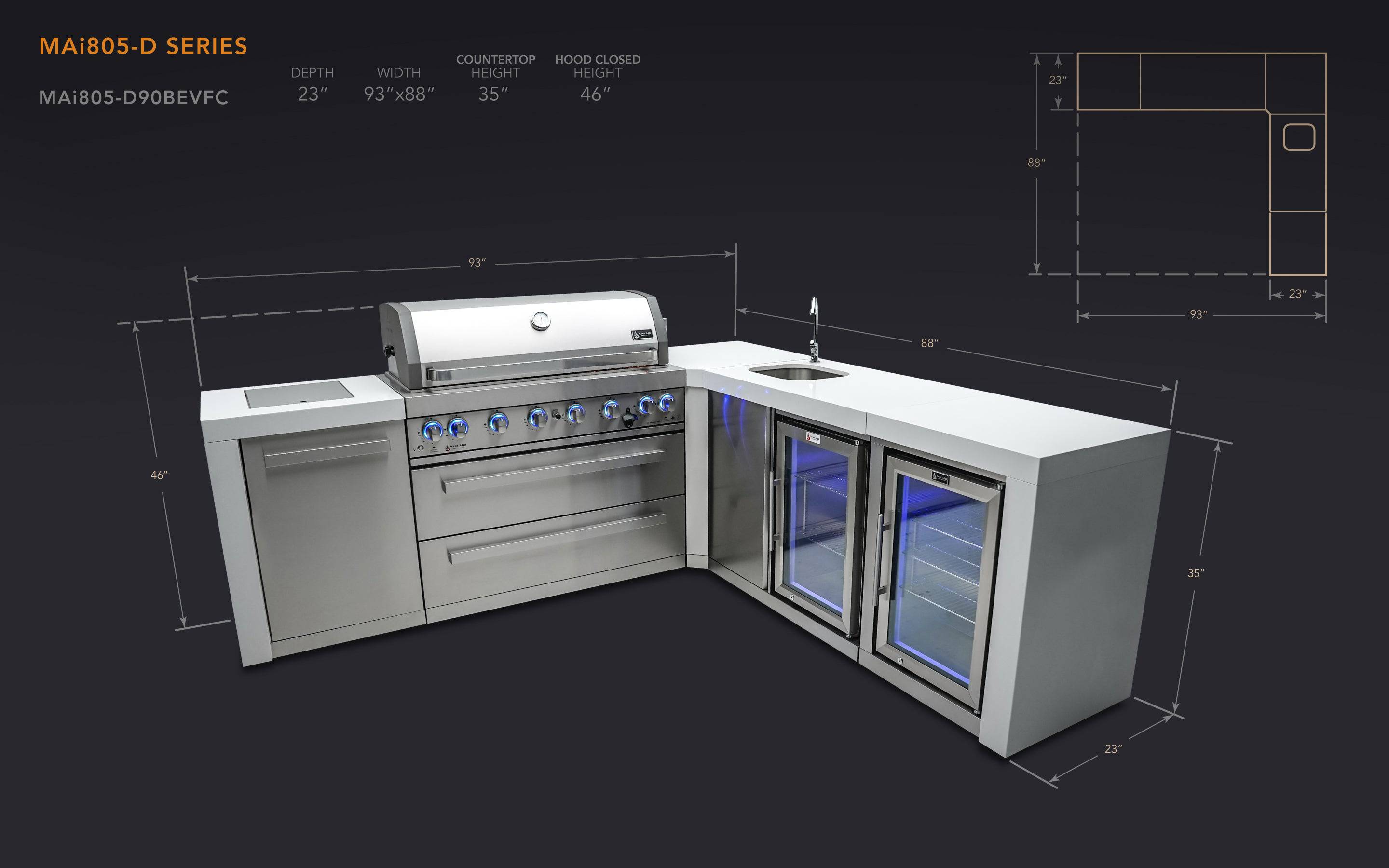 Mont Alpi 805 Deluxe Island with a 90 Degree Corner, Beverage center and Fridge Cabinet - Wheatland Fireplace