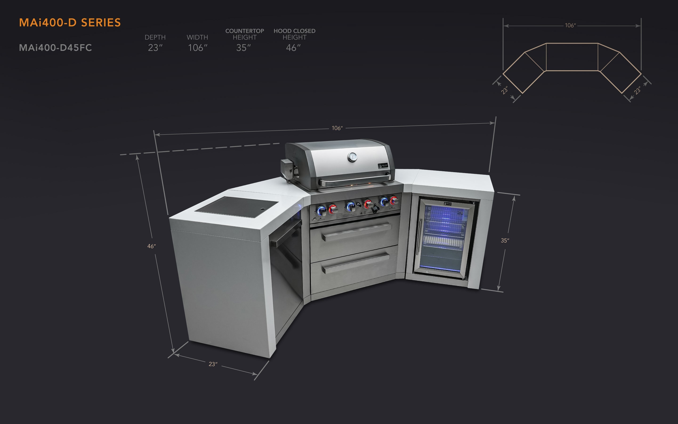 Mont Alpi 400 Deluxe Island with 45 Degree Corners and a Fridge Cabinet - Wheatland Fireplace