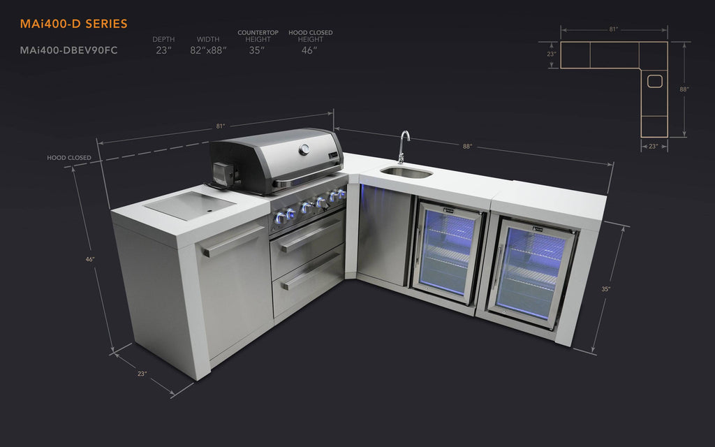 Mont Alpi 400 Deluxe Island with a 90 Degree Corner, Beverage center and Fridge Cabinet - Wheatland Fireplace