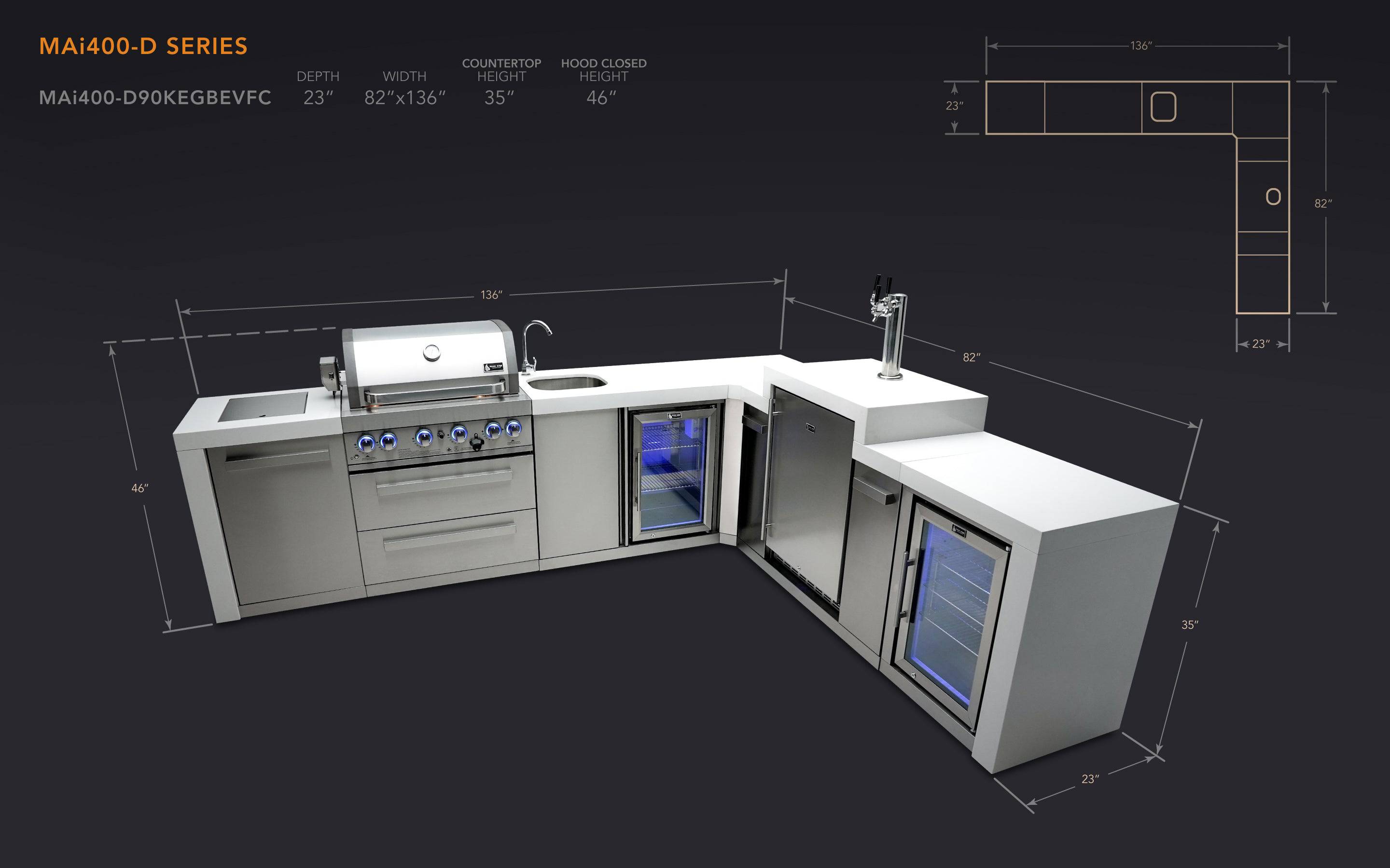 Mont Alpi 400 Deluxe Island with a 90 Degree Corner, Kegerator, Beverage Center and Fridge Cabinet - Wheatland Fireplace