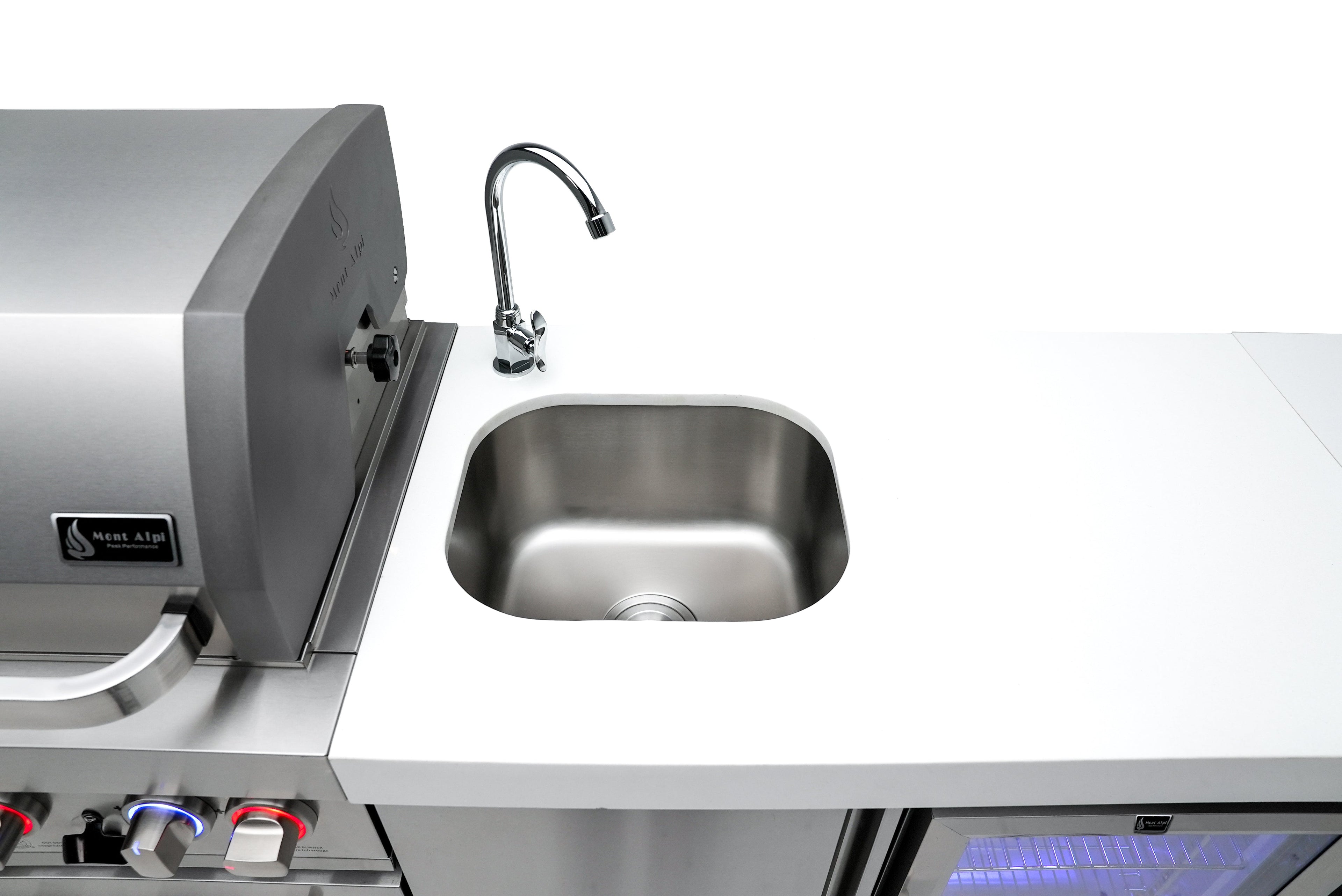 Mont Alpi 400 Deluxe Island with a 90 Degree Corner, Kegerator, Beverage Center and Fridge Cabinet - Wheatland Fireplace