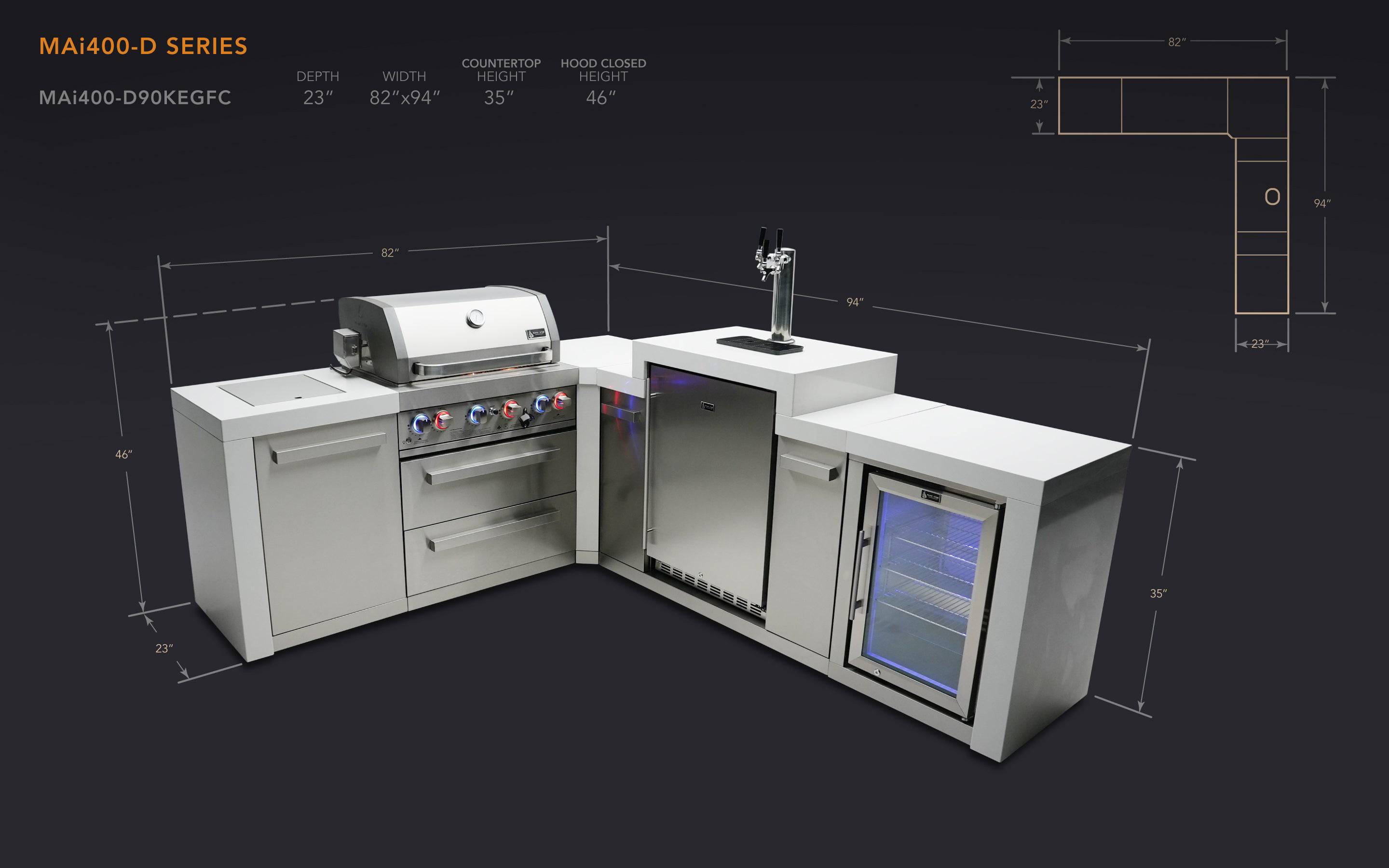 Mont Alpi 400 Deluxe Island with a 90 Degree Corner, Kegerator and Fridge Cabinet - Wheatland Fireplace