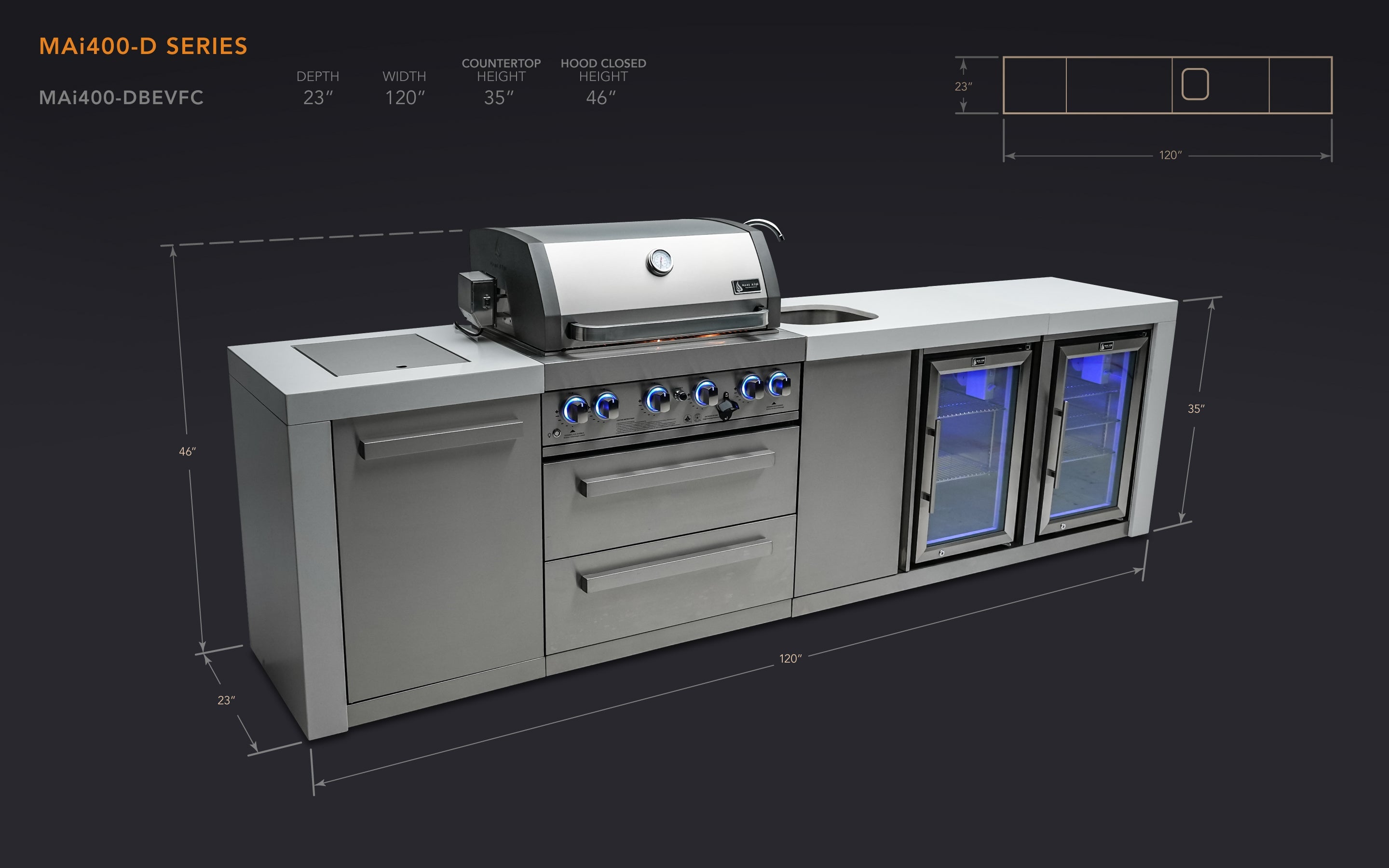 Mont Alpi 400 Deluxe Island with a Beverage Center and Fridge Cabinet - Wheatland Fireplace