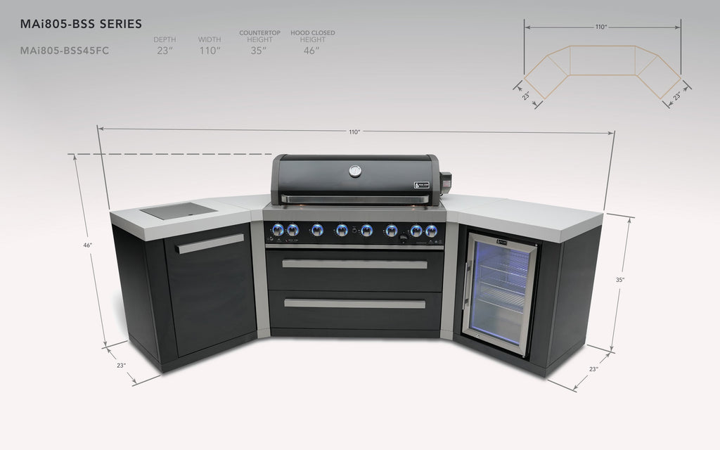 Mont Alpi 805 Black Stainless Steel Island with 45 Degree Corners and a Fridge Cabinet - Wheatland Fireplace