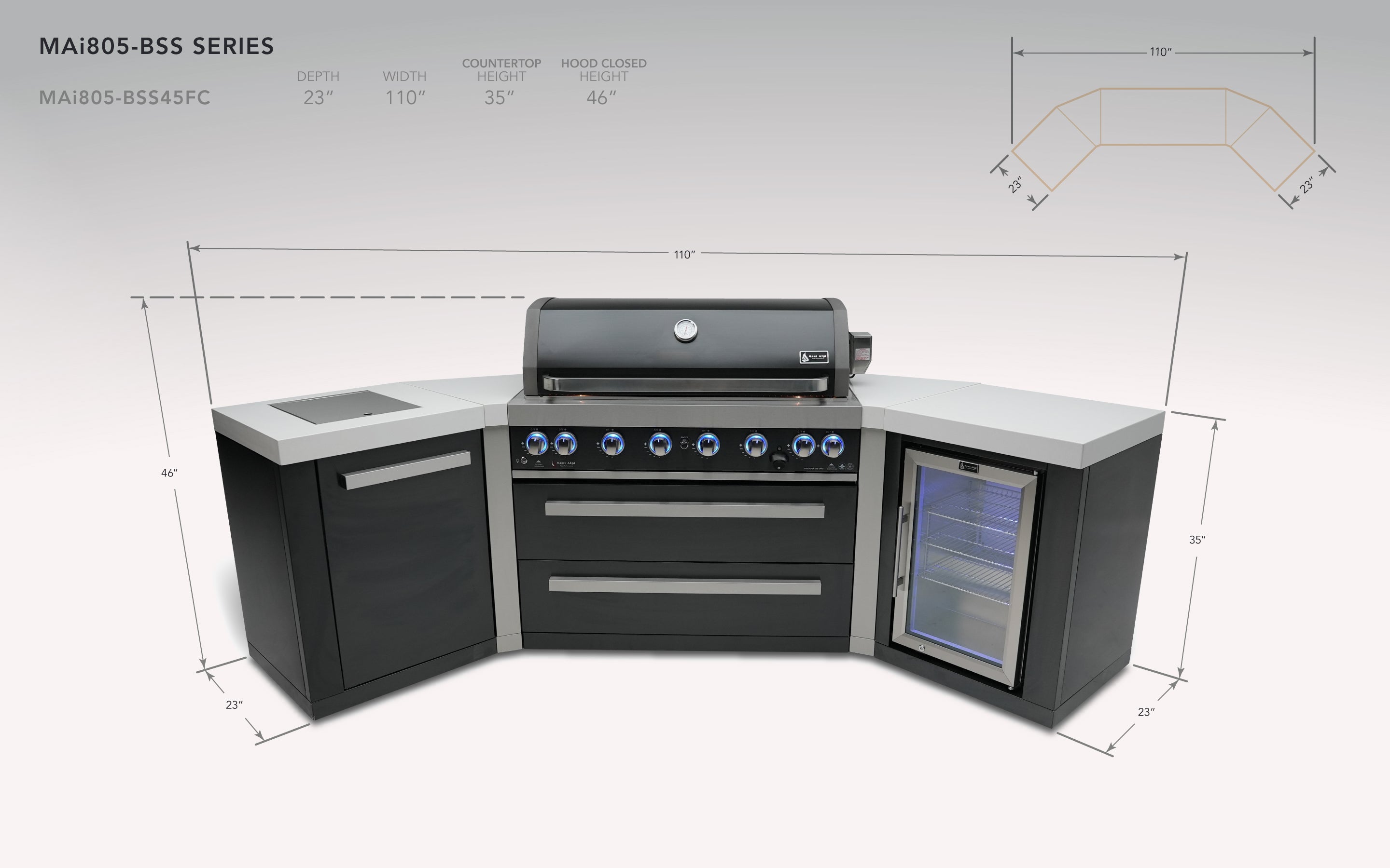 Mont Alpi 805 Black Stainless Steel Island with 45 Degree Corners and a Fridge Cabinet - Wheatland Fireplace