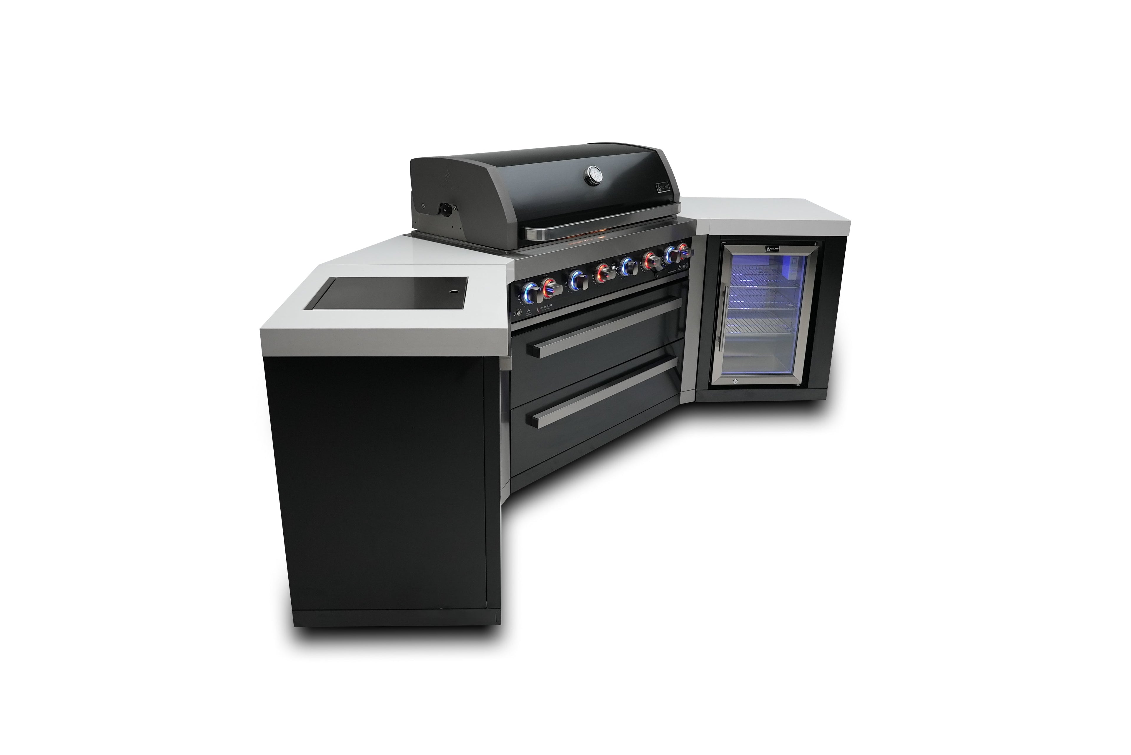 Mont Alpi 805 Black Stainless Steel Island with 45 Degree Corners and a Fridge Cabinet - Wheatland Fireplace