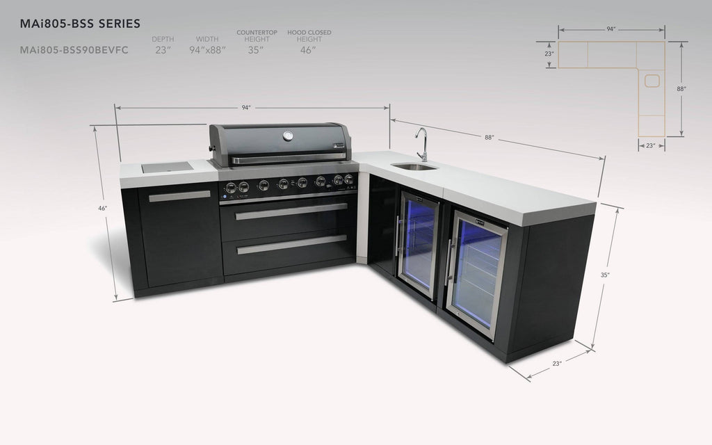 Mont Alpi 805 Black Stainless Steel Island with a 90 Degree Corner, Beverage center and Fridge Cabinet - Wheatland Fireplace
