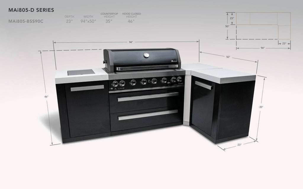 Mont Alpi 805 Black Stainless Steel Island with a 90 Degree Corner - Wheatland Fireplace