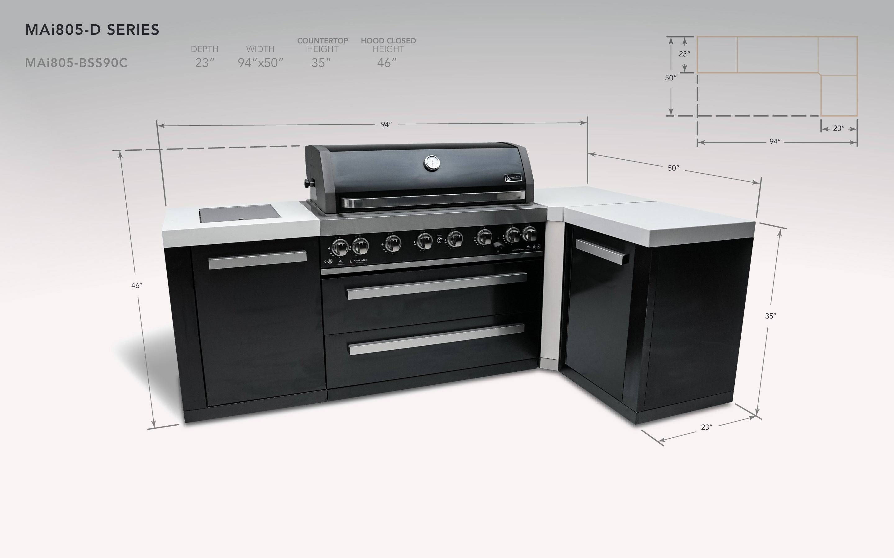 Mont Alpi 805 Black Stainless Steel Island with a 90 Degree Corner - Wheatland Fireplace