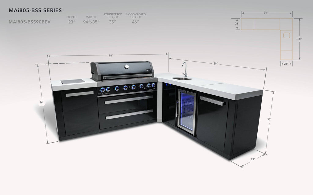 Mont Alpi 805 Black Stainless Steel Island with a 90 Degree Corner and Beverage Center - Wheatland Fireplace