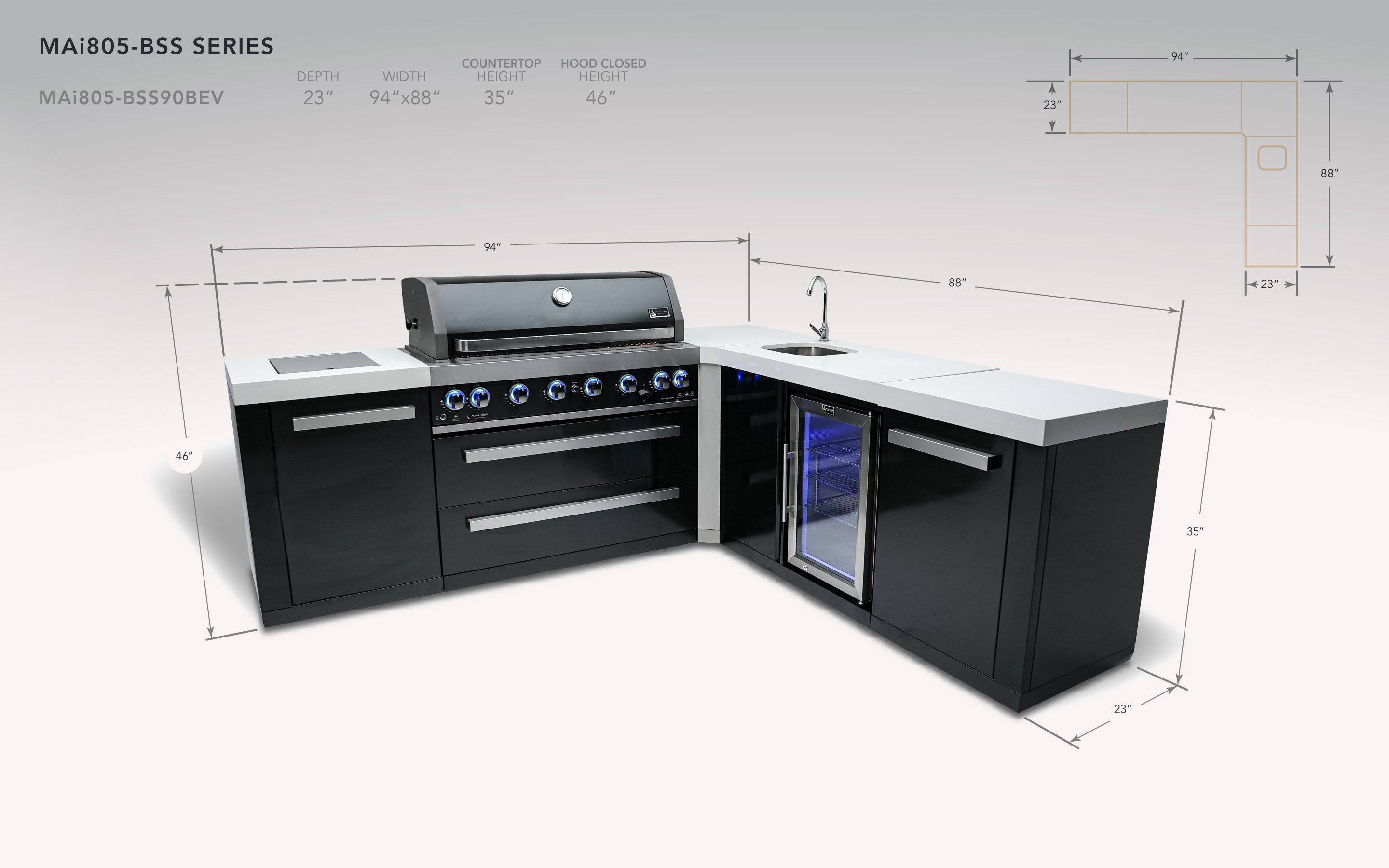 Mont Alpi 805 Black Stainless Steel Island with a 90 Degree Corner and Beverage Center - Wheatland Fireplace