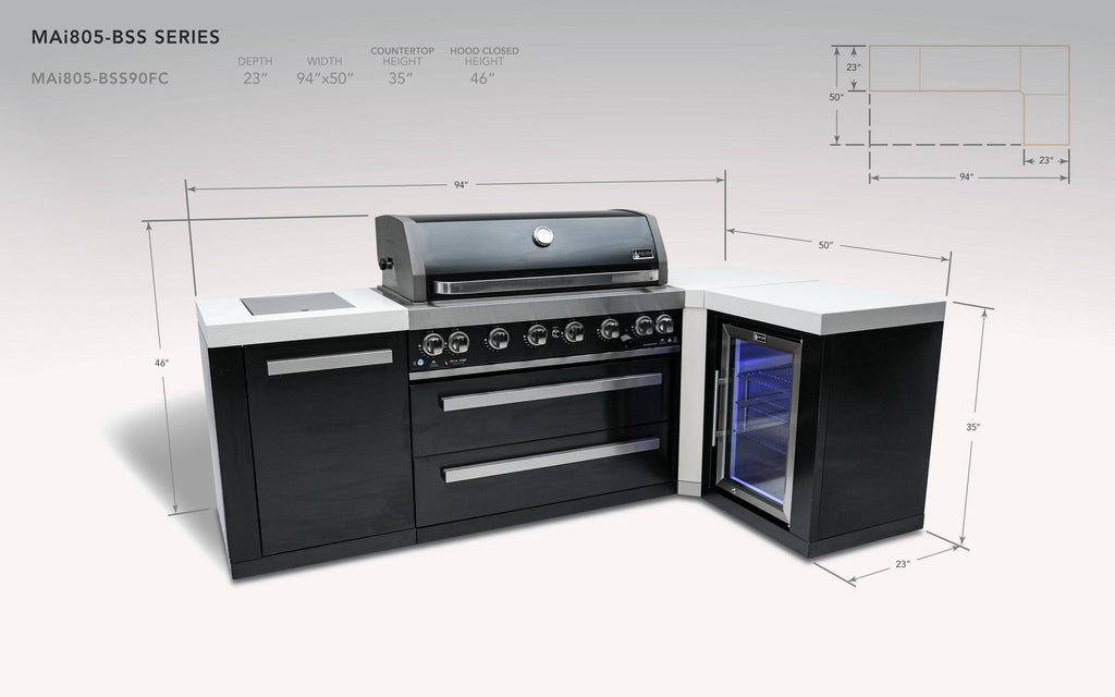 Mont Alpi 805 Black Stainless Steel Island with a 90 Degree Corner and a Fridge Cabinet - Wheatland Fireplace