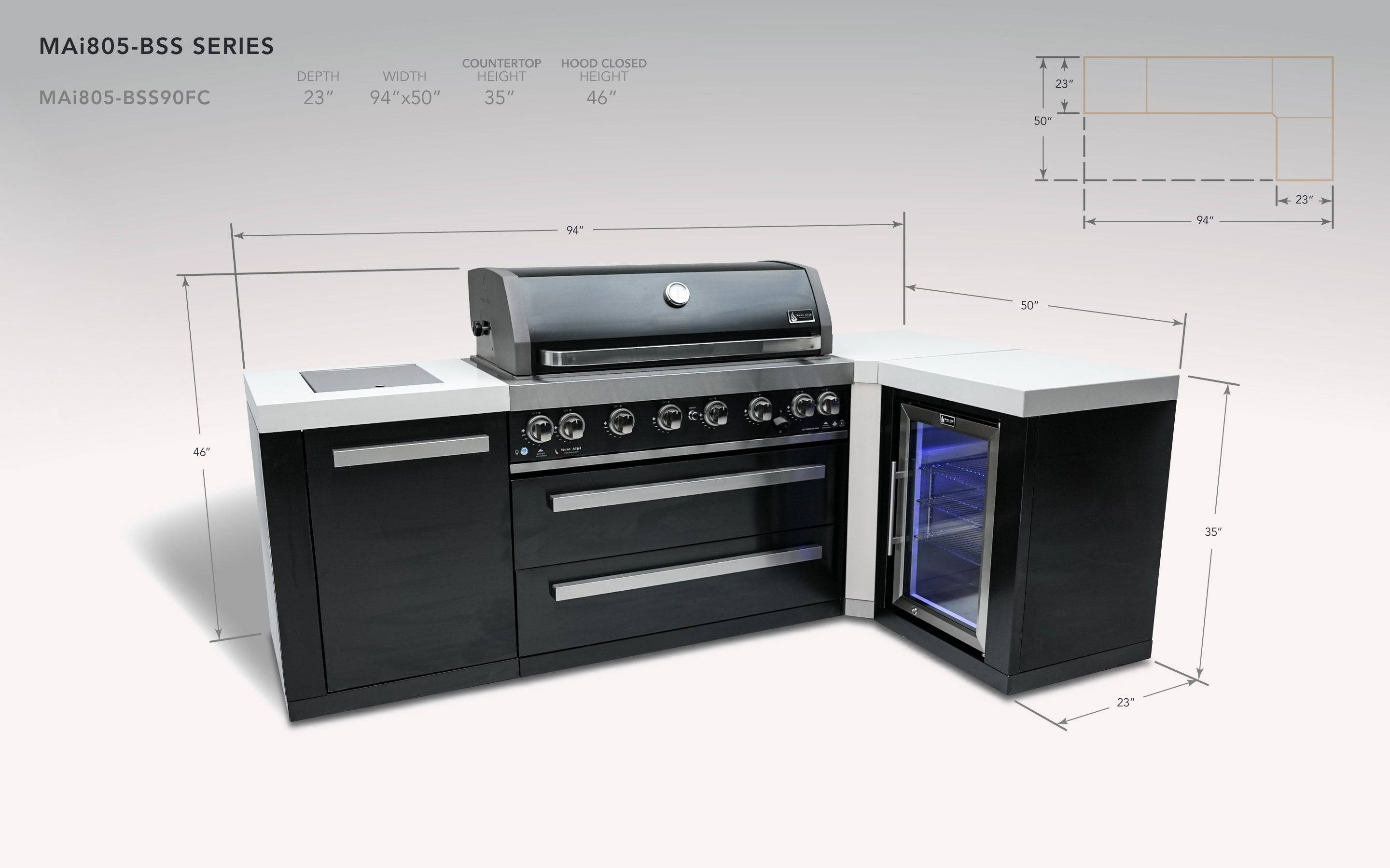 Mont Alpi 805 Black Stainless Steel Island with a 90 Degree Corner and a Fridge Cabinet - Wheatland Fireplace