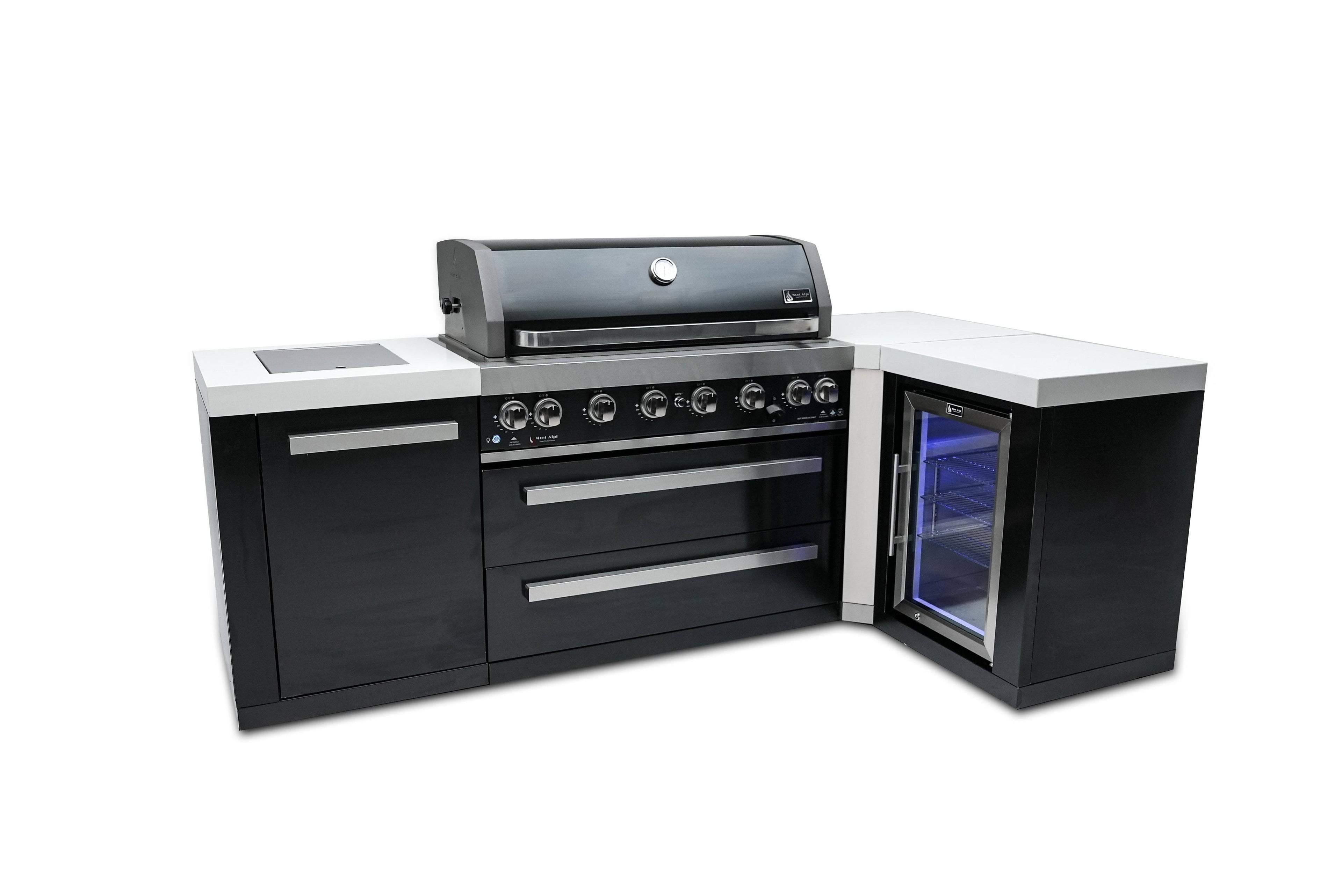 Mont Alpi 805 Black Stainless Steel Island with a 90 Degree Corner and a Fridge Cabinet - Wheatland Fireplace