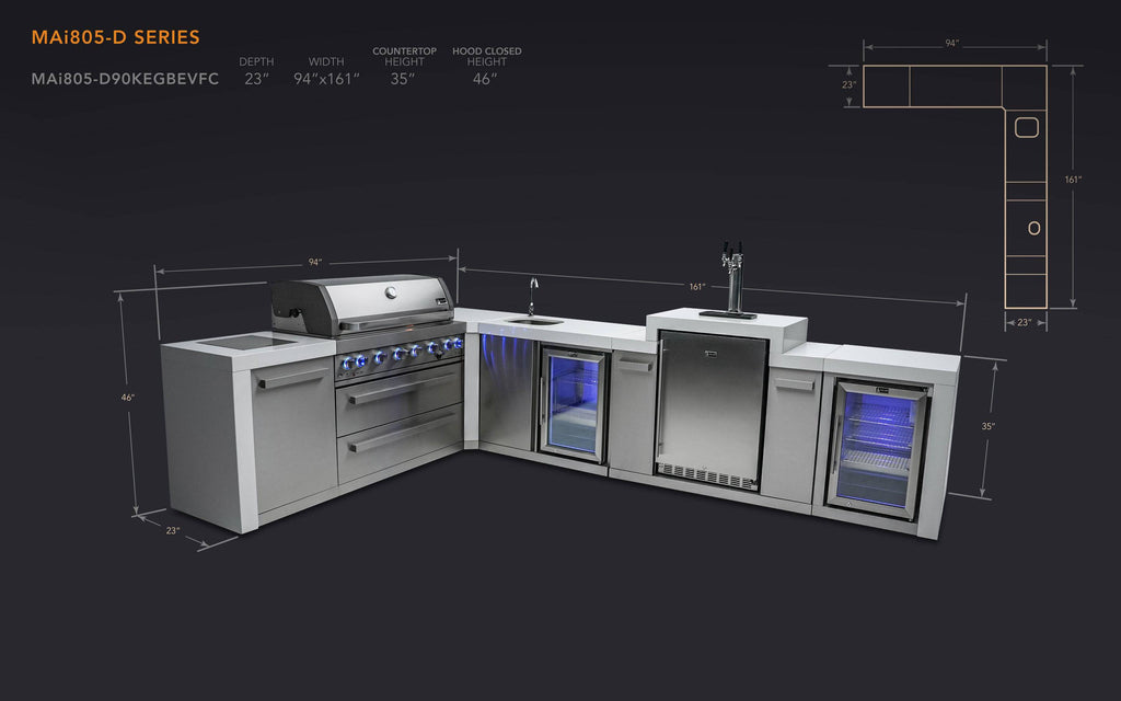 Mont Alpi 805 Deluxe Island with a 90 Degree Corner, Kegerator, Beverage Center and Fridge Cabinet - Wheatland Fireplace