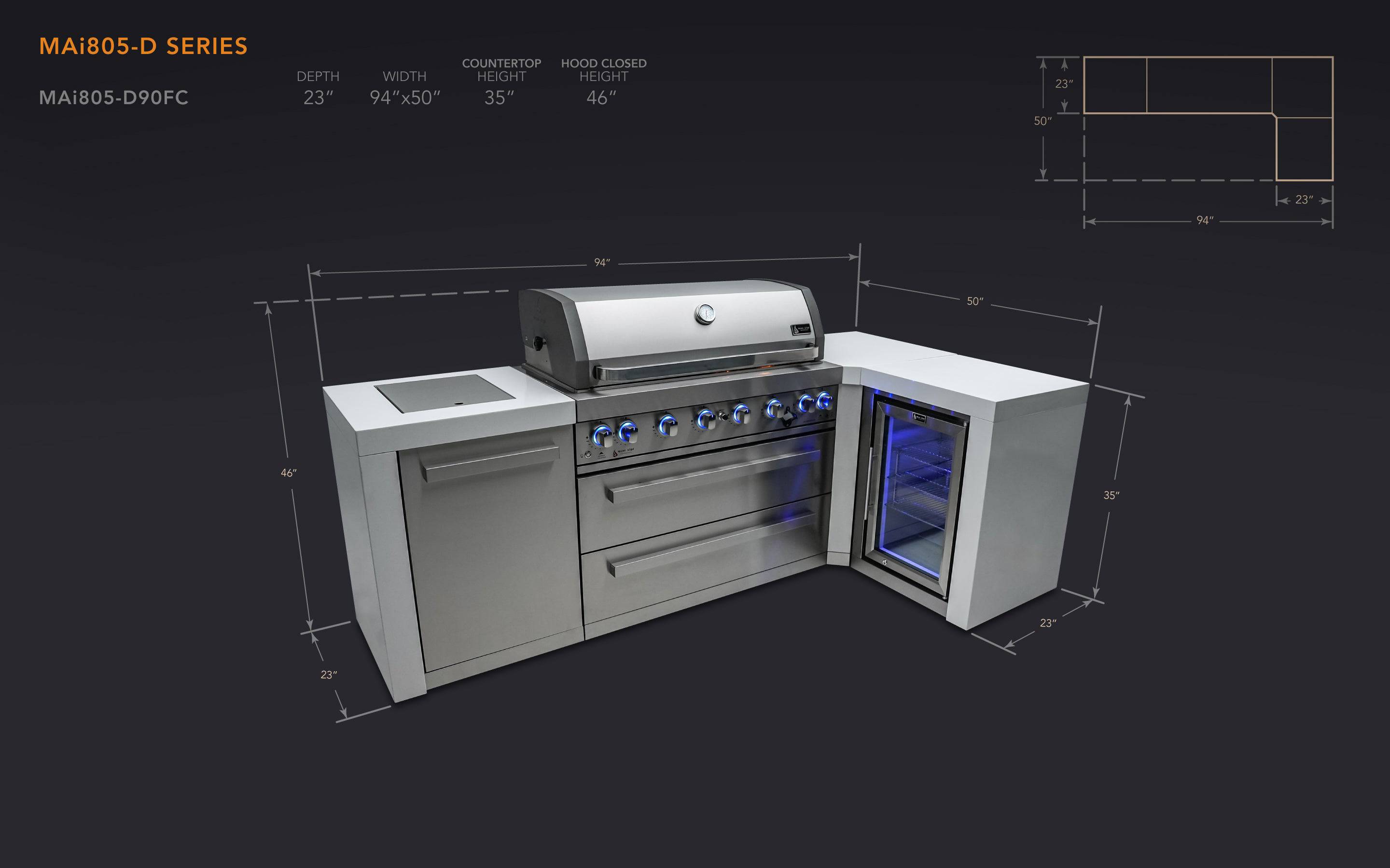 Mont Alpi 805 Deluxe Island with a 90 Degree Corner and a Fridge Cabinet - Wheatland Fireplace