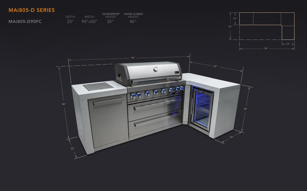 Mont Alpi 805 Deluxe Island with a 90 Degree Corner and a Fridge Cabinet - Wheatland Fireplace