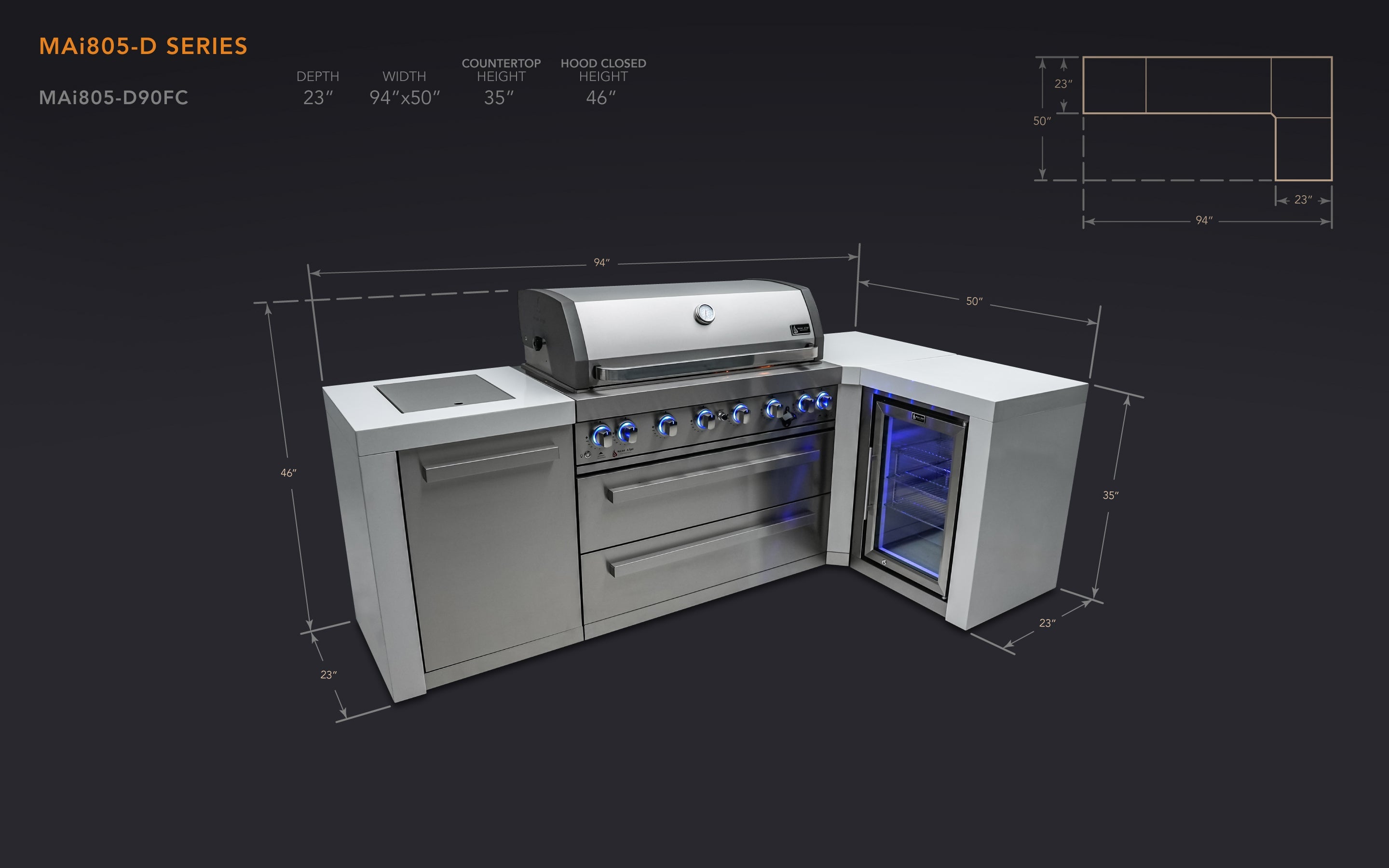 Mont Alpi 805 Deluxe Island with a 90 Degree Corner and a Fridge Cabinet - Wheatland Fireplace