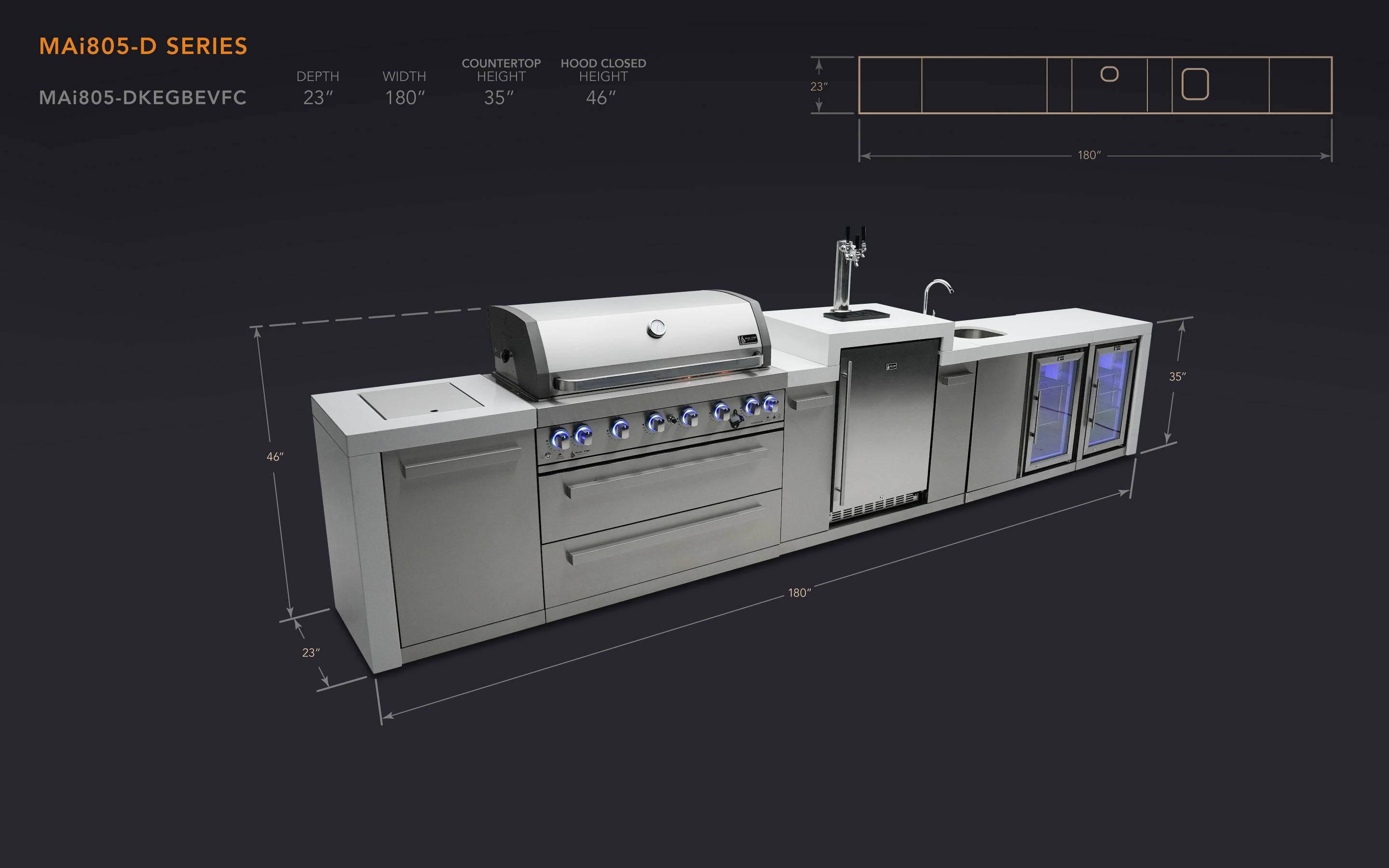 Mont Alpi 805 Deluxe Island with a Kegerator, Beverage Center and Fridge Cabinet - Wheatland Fireplace