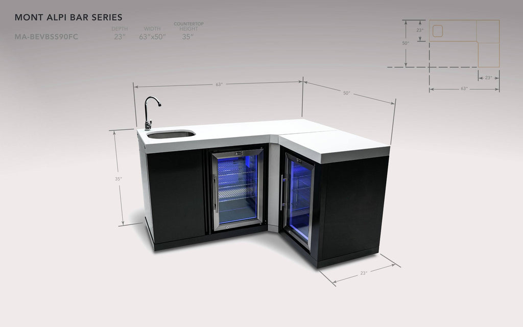 Mont Alpi Black Stainless Steel Beverage Center with 90 Degree Corner and fridge Cabinet - Wheatland Fireplace