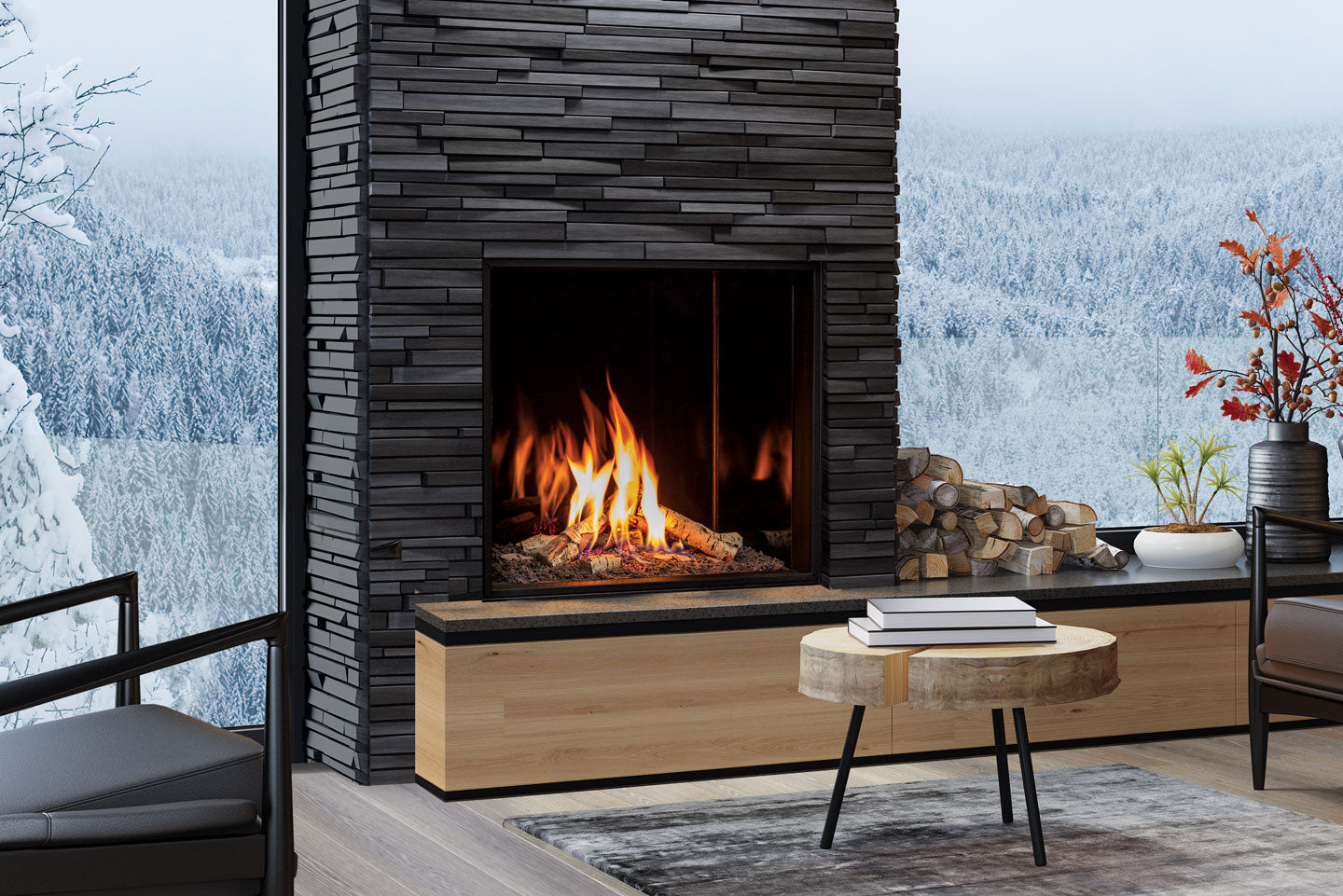 U33 See Through Gas Fireplace IPI w/Horizontal Fluted Liner & Remote - Wheatland Fireplace