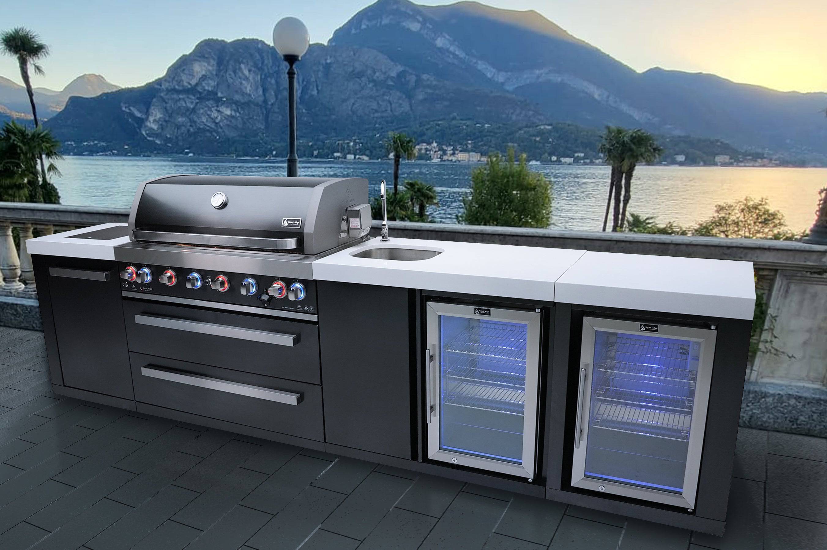 Mont Alpi 805 Black Stainless Steel Island with a Beverage Center and Fridge Cabinet - Wheatland Fireplace
