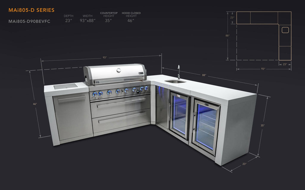 Mont Alpi 805 Deluxe Island with a 90 Degree Corner, Beverage center and Fridge Cabinet - Wheatland Fireplace